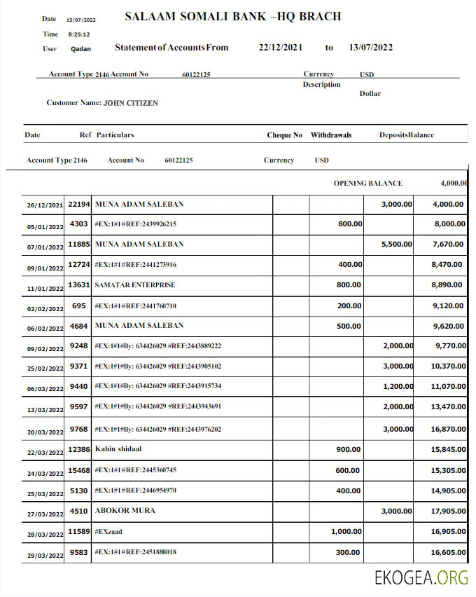 Modèle Word et PDF de relevé bancaire SOMALI SALAAM SOMALI